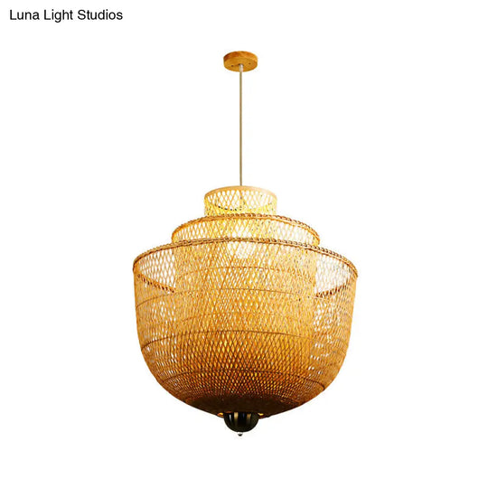 Minimalist Bamboo Pendant Ceiling Light - Layered Wood Suspension Lighting For Tea Room