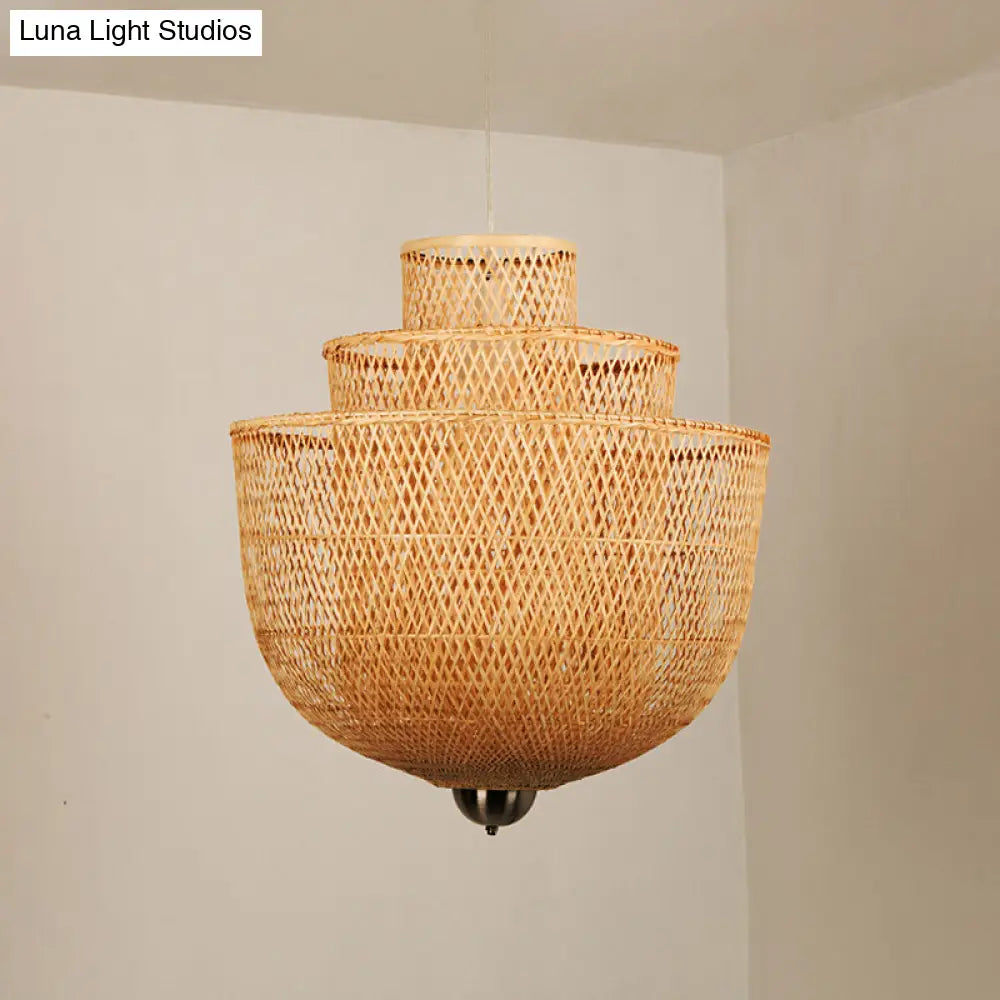 Minimalist Bamboo Pendant Ceiling Light - Layered Wood Suspension Lighting For Tea Room / 23.5 A