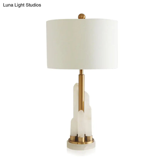 Minimalist 1-Head Fabric Bedside Lamp With Mica Base In White - Drum Table Lighting