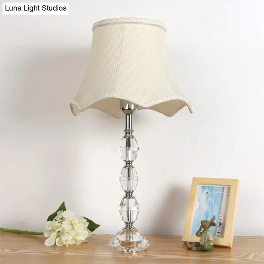 Minimalist 1-Light Beige Crystal Nightstand Lamp With Scalloped Fabric Shade For Bedroom Night Table