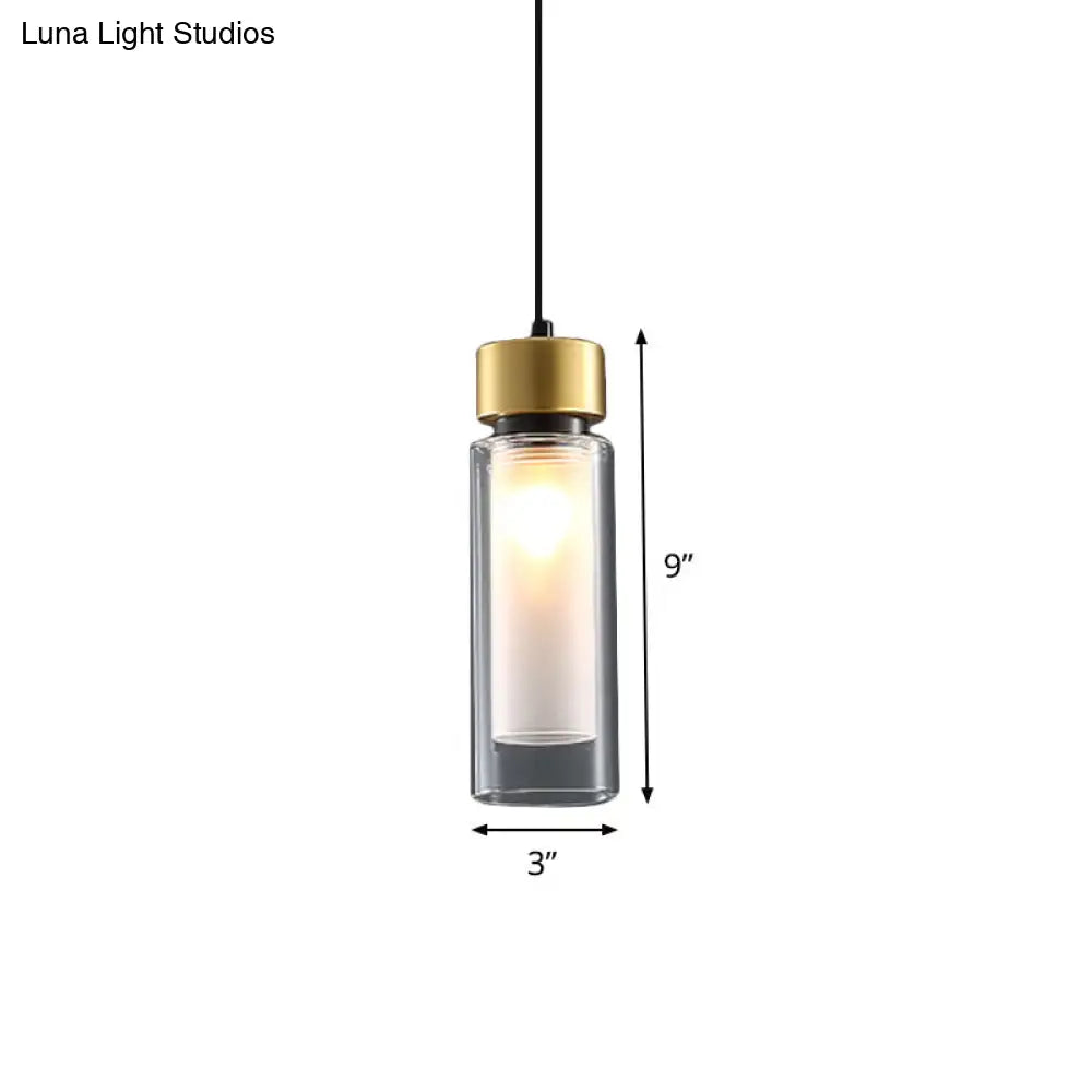 Sleek 1-Light Hanging Lamp With Clear And White Glass Shade - Brass Cylindrical Pendant