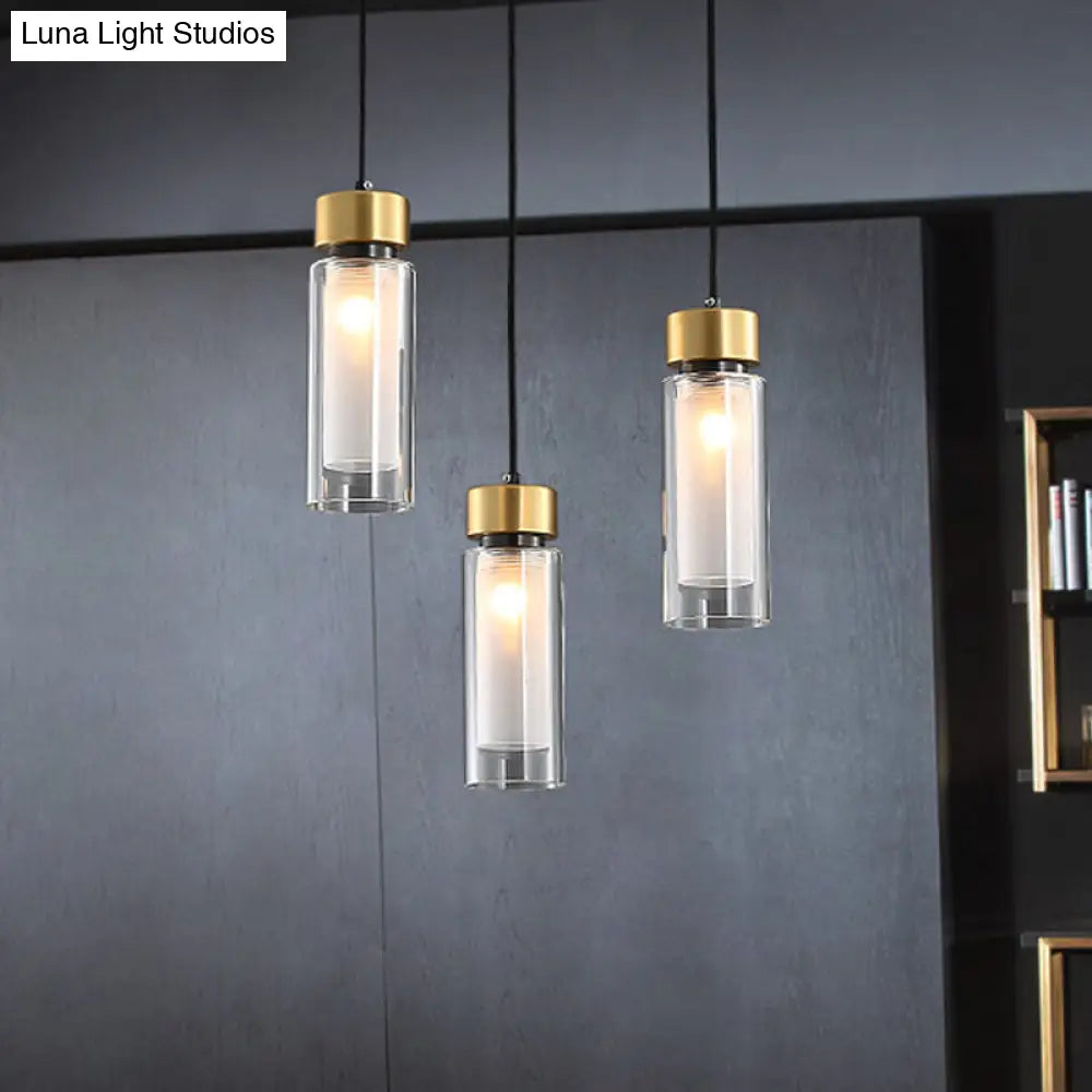 Sleek 1-Light Hanging Lamp With Clear And White Glass Shade - Brass Cylindrical Pendant