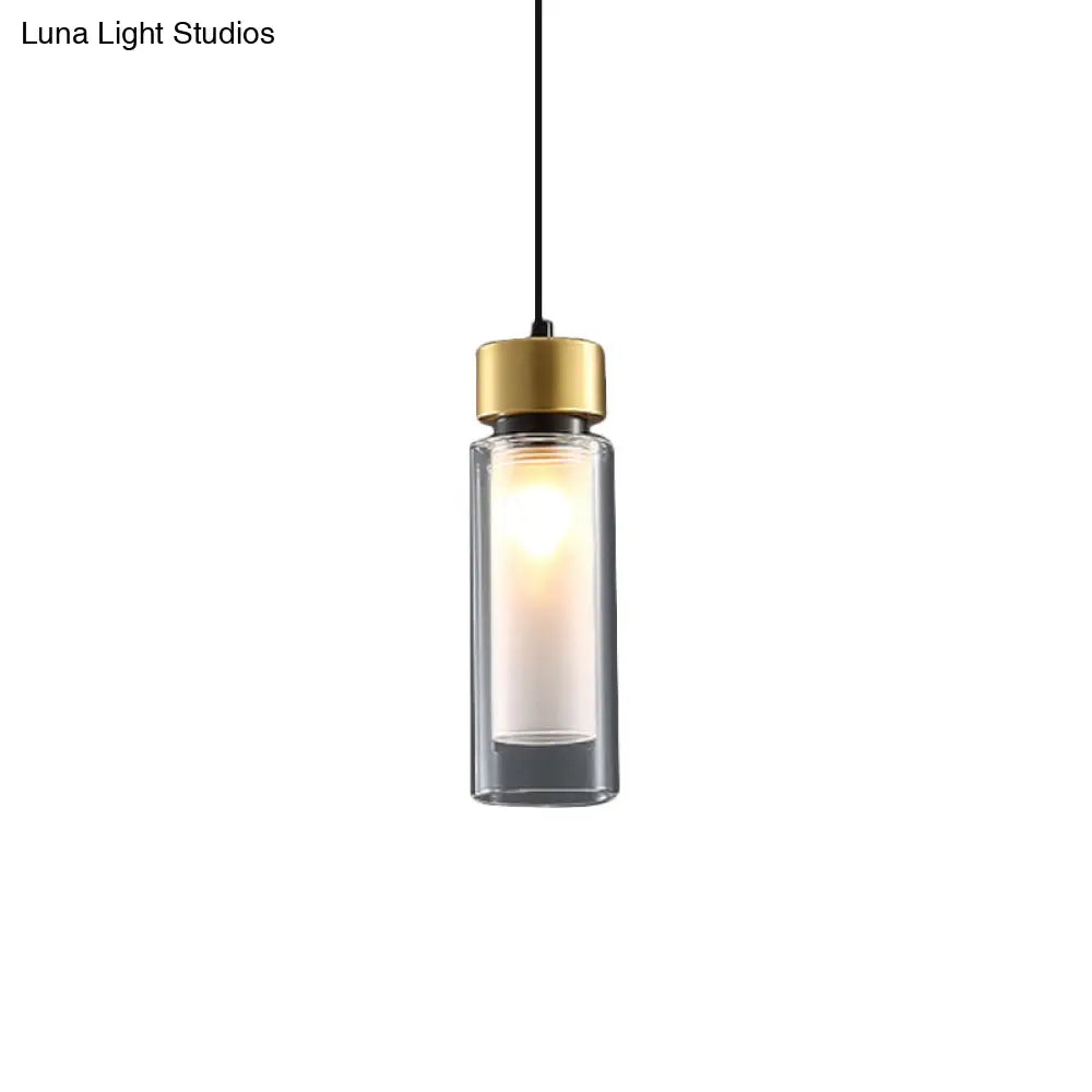 Sleek 1-Light Hanging Lamp With Clear And White Glass Shade - Brass Cylindrical Pendant