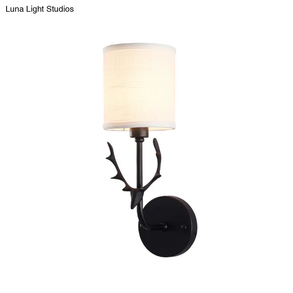 Minimalist 1-Light Fabric Cylinder Wall Mount Light With Deer Accent For Living Room Lighting