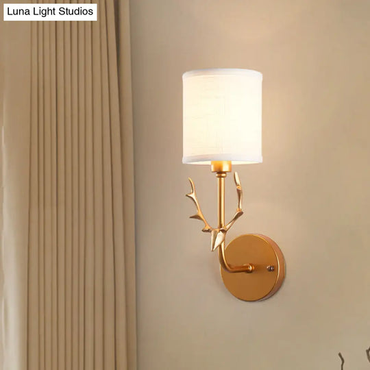 Minimalist 1-Light Fabric Cylinder Wall Mount Light With Deer Accent For Living Room Lighting