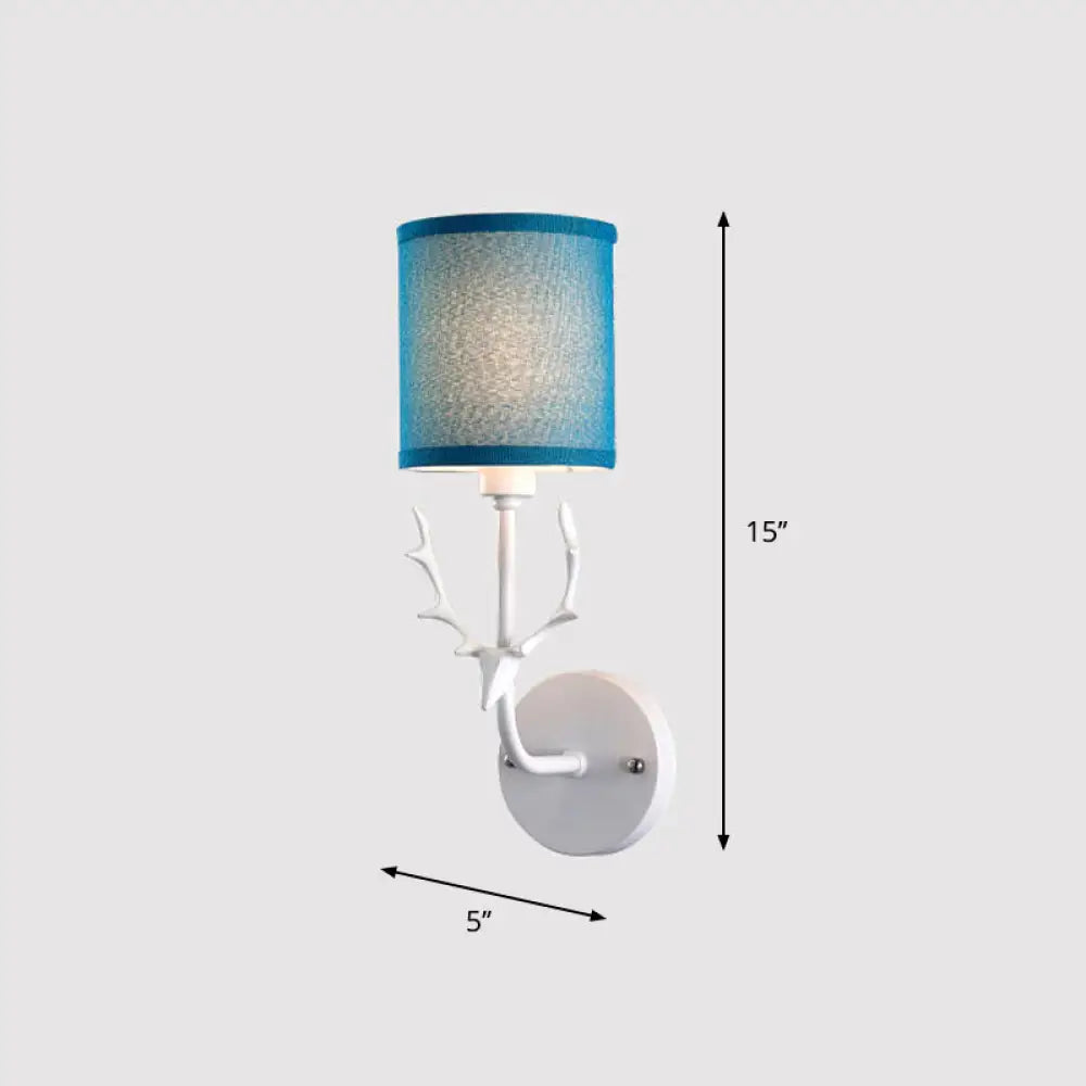 Minimalist 1-Light Fabric Cylinder Wall Mount Light With Deer Accent For Living Room Lighting Blue