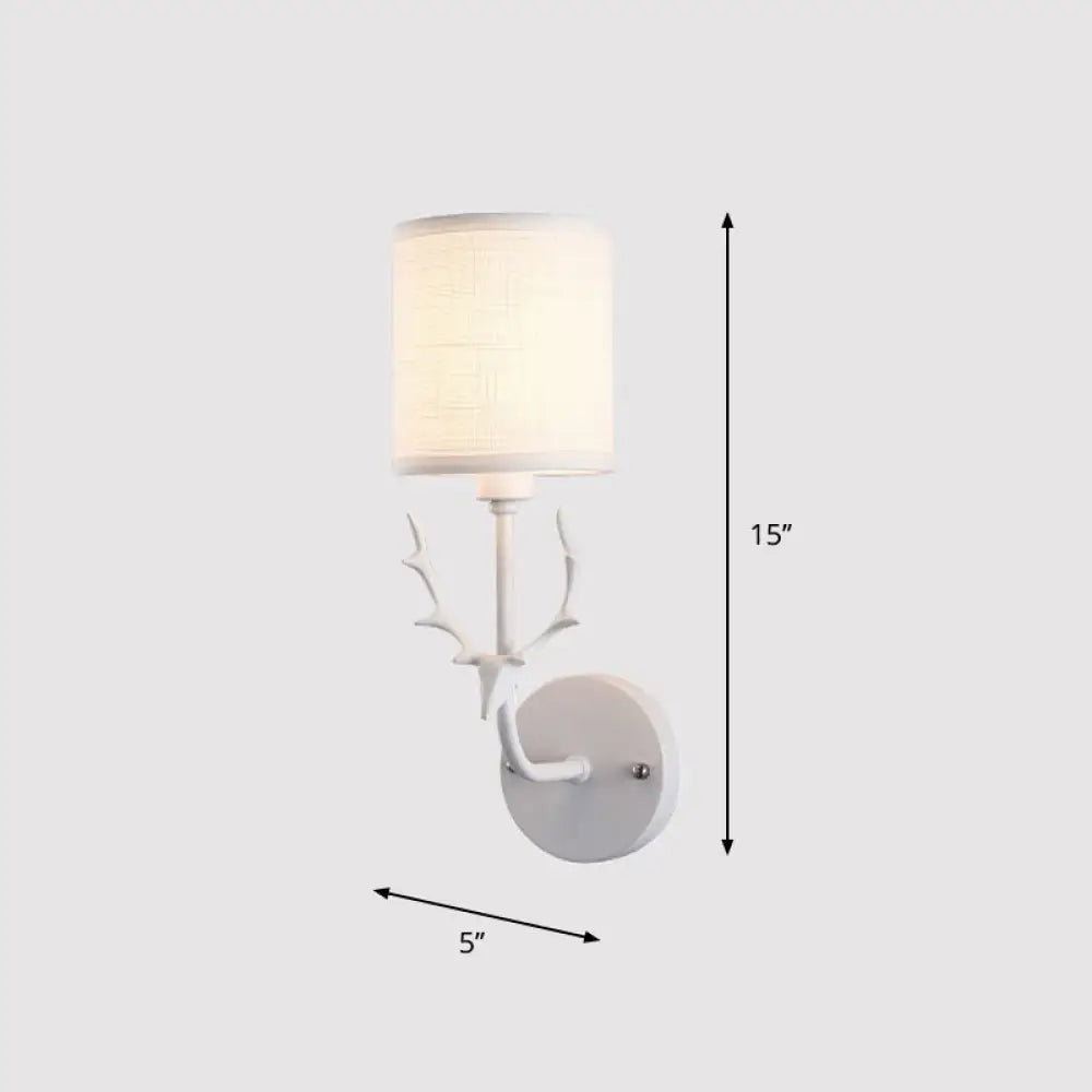 Minimalist 1-Light Fabric Cylinder Wall Mount Light With Deer Accent For Living Room Lighting White