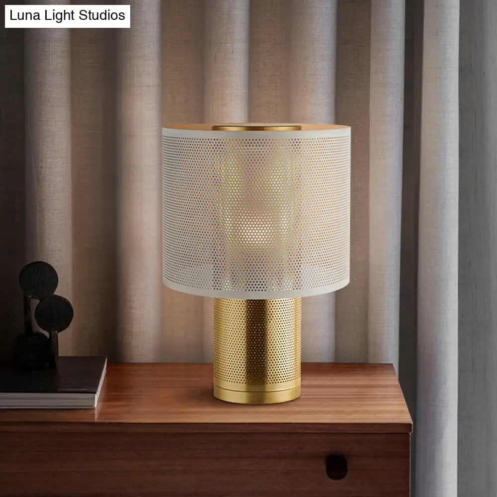 Minimalist 1-Light White Cylinder Nightstand Lamp With Metal Shade Bedroom Lighting