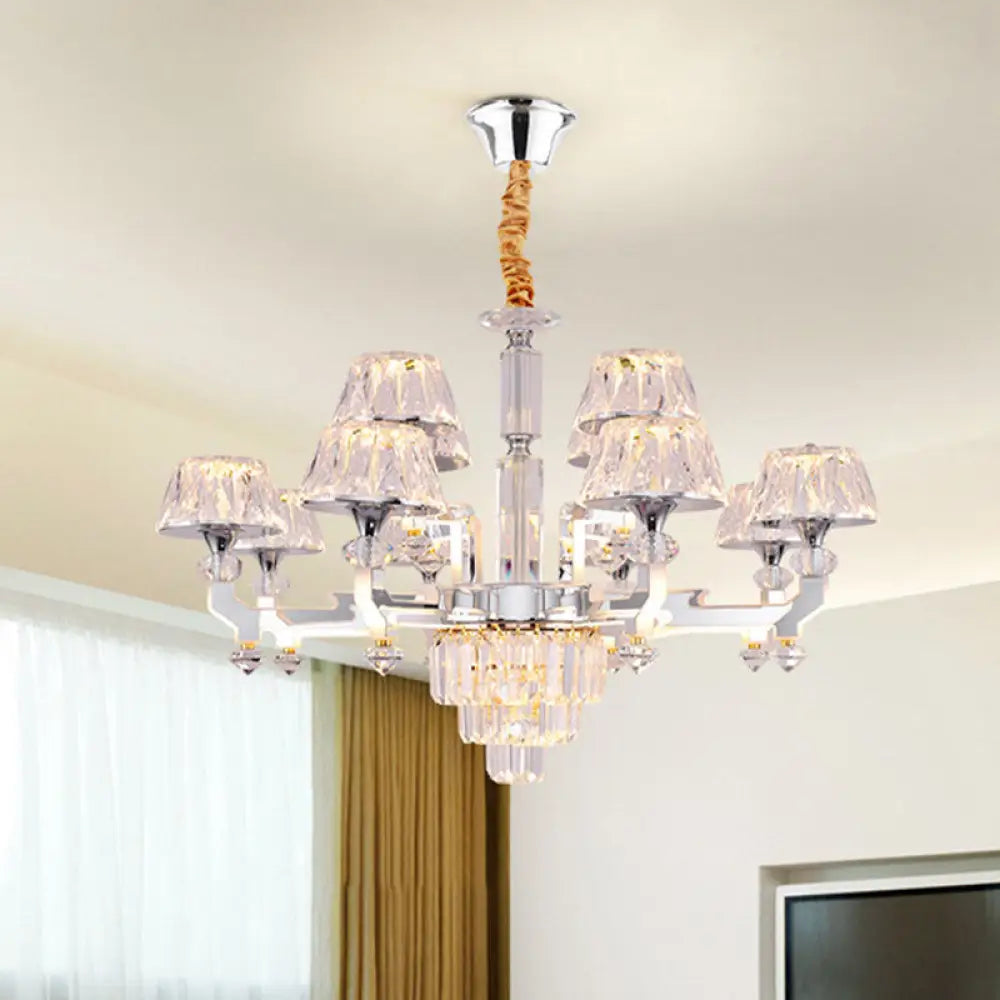 Minimalist 12-Head Chandelier Lamp With Crystal Shade - Chrome Finish