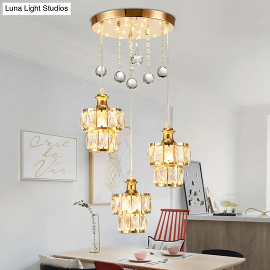 Minimalist 2-Tier Crystal Pendulum Light With 3-Bulb Gold Finish - Multi Pendant Droplet Design