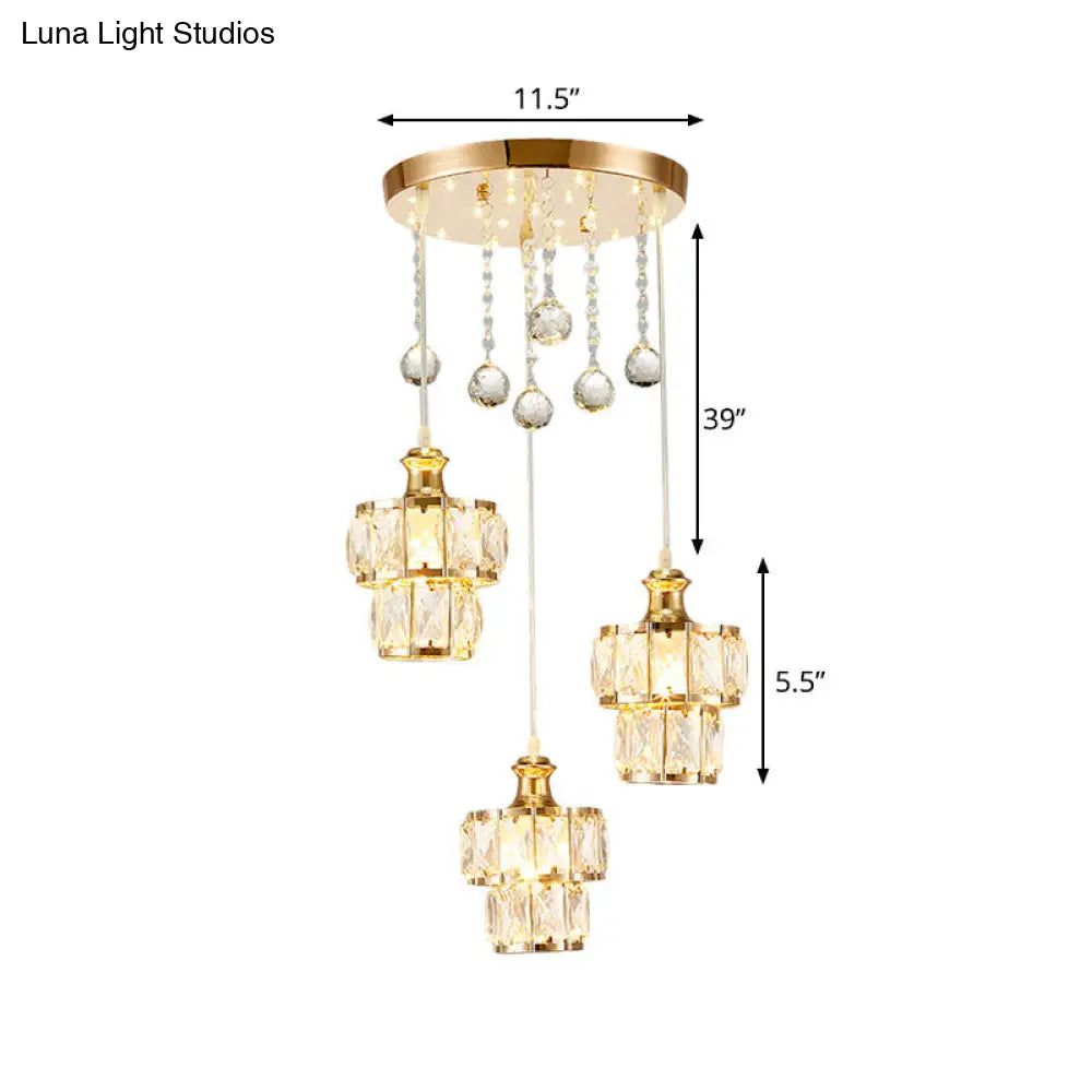 Minimalist 2-Tier Crystal Pendulum Light With 3-Bulb Gold Finish - Multi Pendant Droplet Design