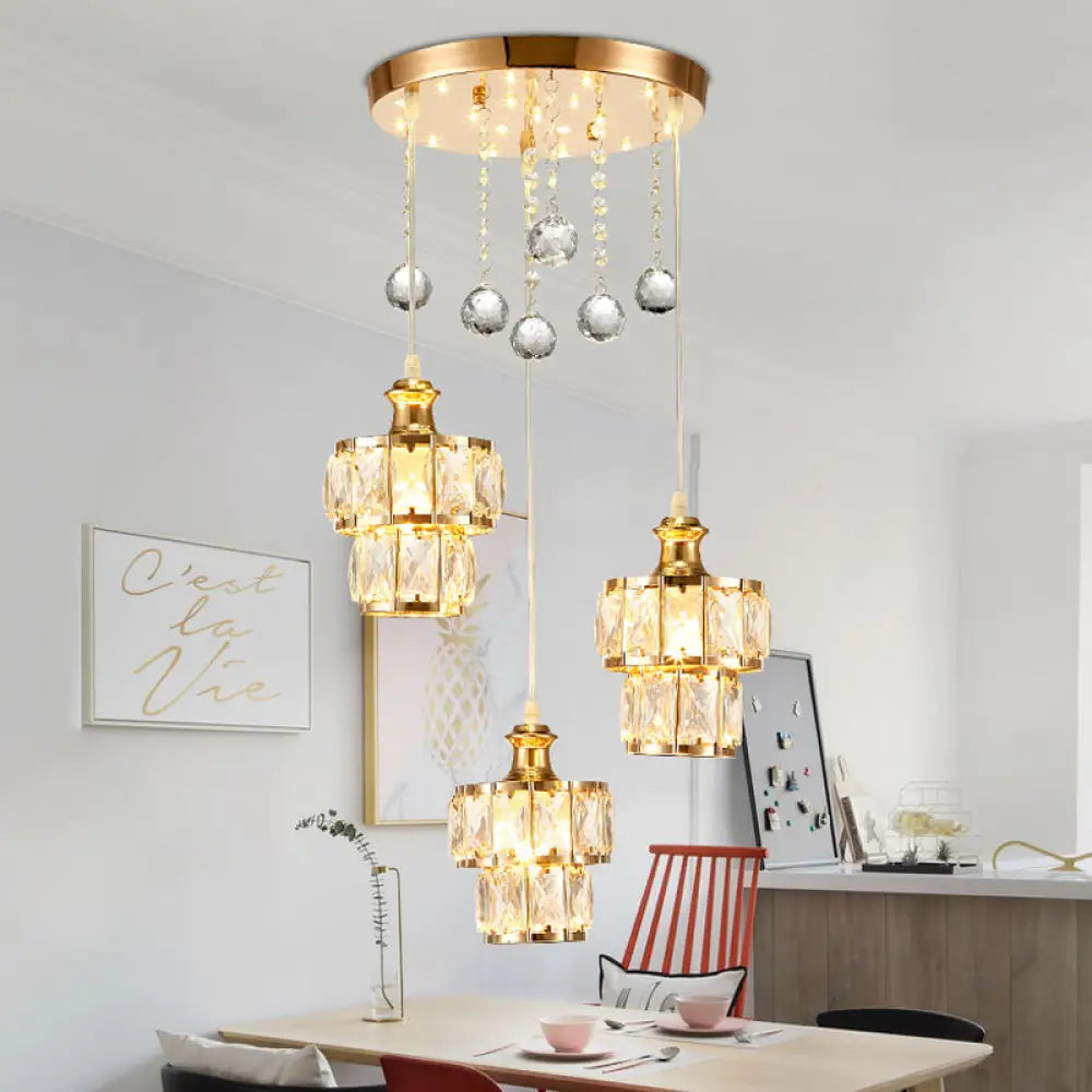 Minimalist 2-Tier Gold Pendant Light With Faceted Crystal Blocks 3-Bulb Design & Droplet Accents