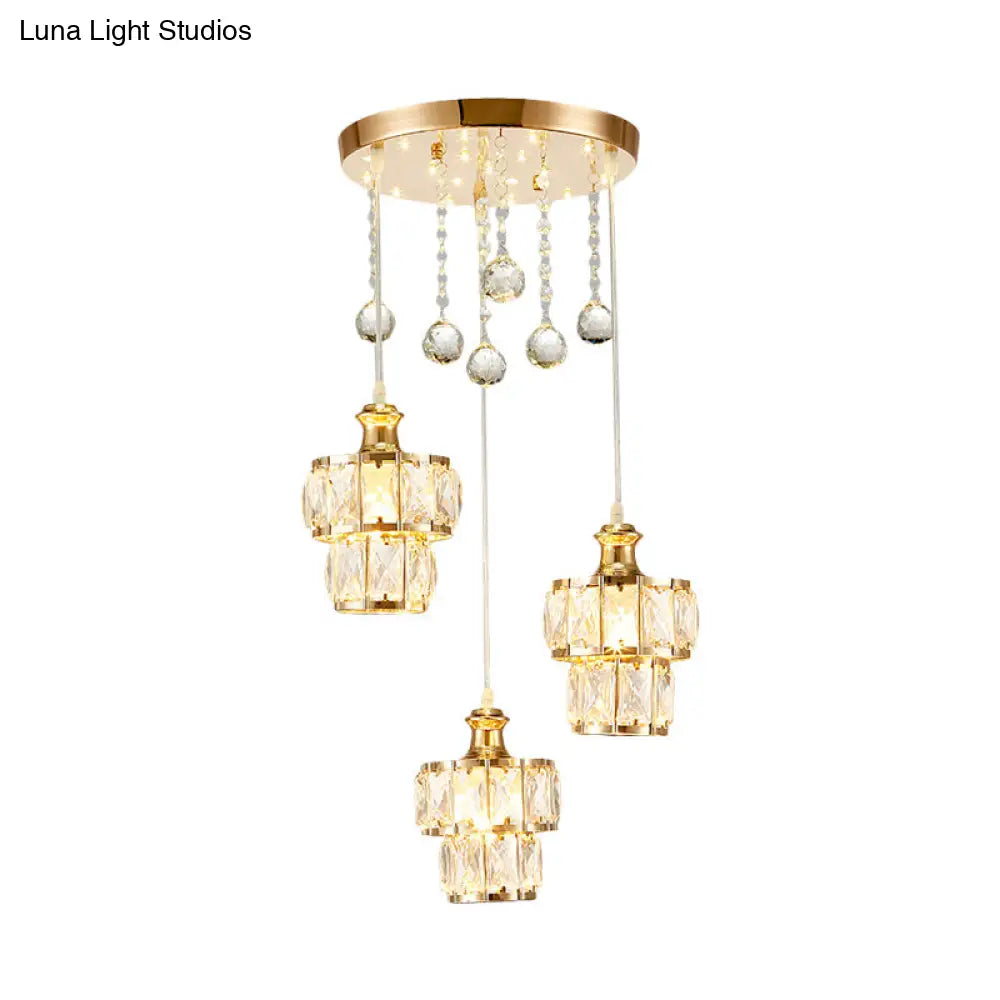 Minimalist 2-Tier Gold Pendant Light With Faceted Crystal Blocks 3-Bulb Design & Droplet Accents