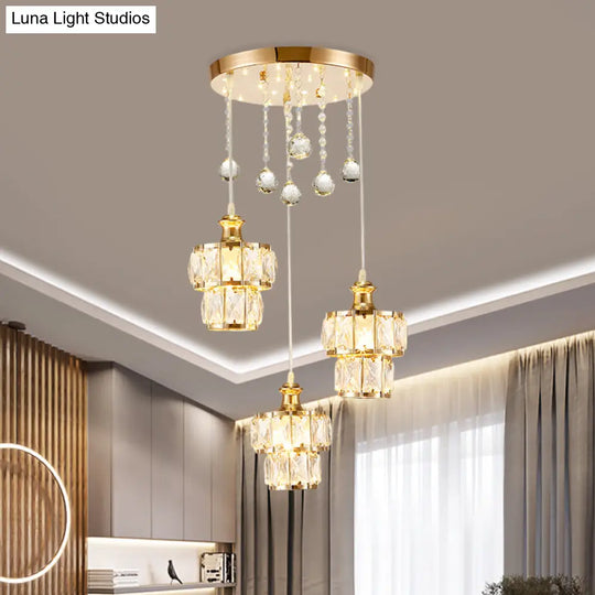 Minimalist 2-Tier Gold Pendant Light With Faceted Crystal Blocks 3-Bulb Design & Droplet Accents