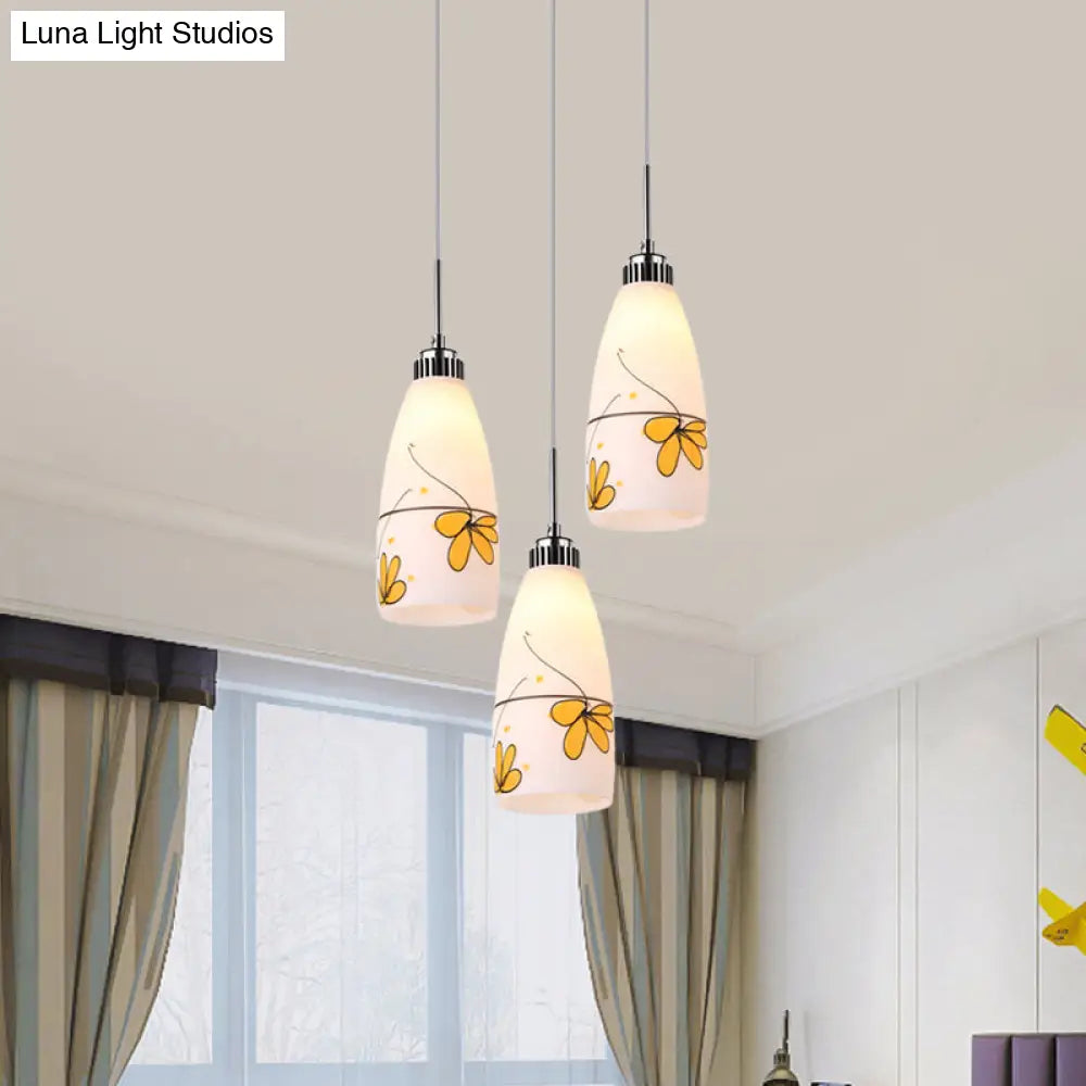 Minimalist 3-Bulb Cone Pendant Lamp With Black/Yellow/Blue Printed Glass And Linear/Round Canopy