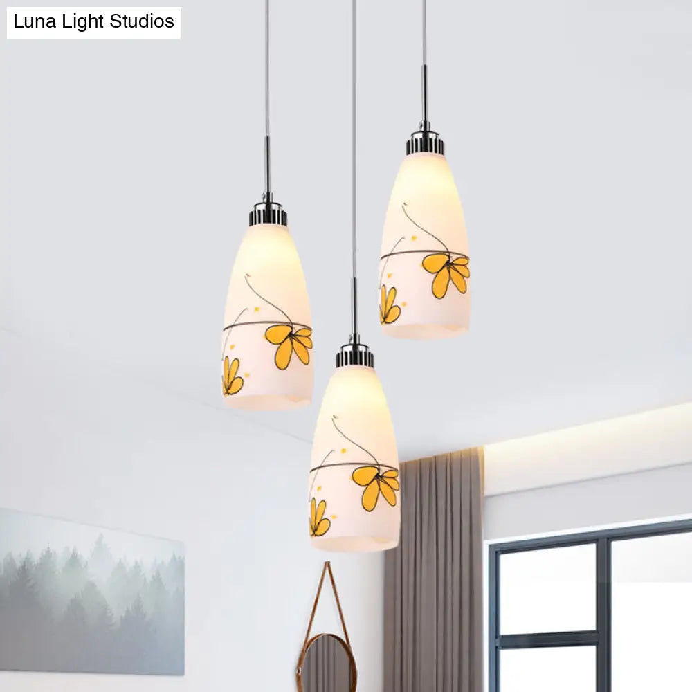 Minimalist 3-Bulb Cone Pendant Lamp With Black/Yellow/Blue Printed Glass And Linear/Round Canopy