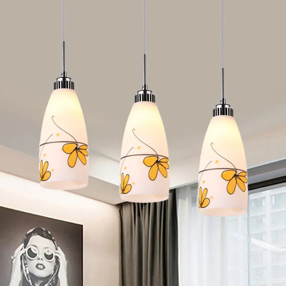 Minimalist 3-Bulb Cone Pendant Lamp With Black/Yellow/Blue Printed Glass And Linear/Round Canopy