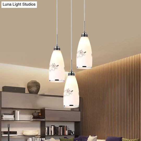 Minimalist 3-Bulb Cone Pendant Lamp With Black/Yellow/Blue Printed Glass And Linear/Round Canopy