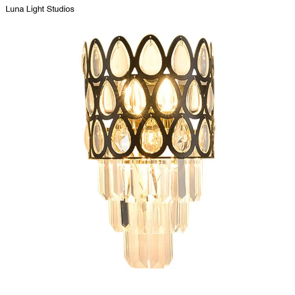 Minimalist 3-Bulb Crystal Wall Sconce In Black For Living Room