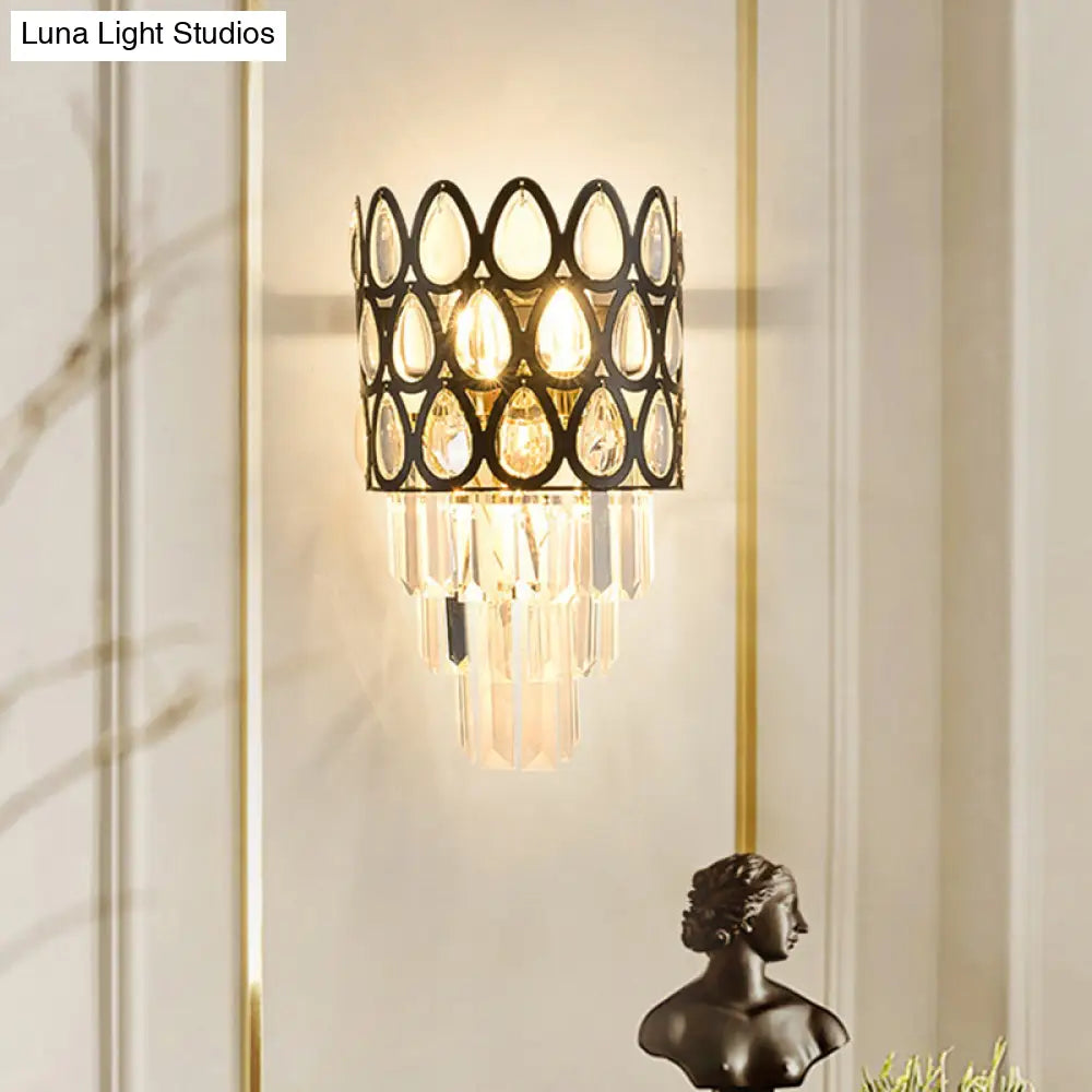 Minimalist 3-Bulb Crystal Wall Sconce In Black For Living Room