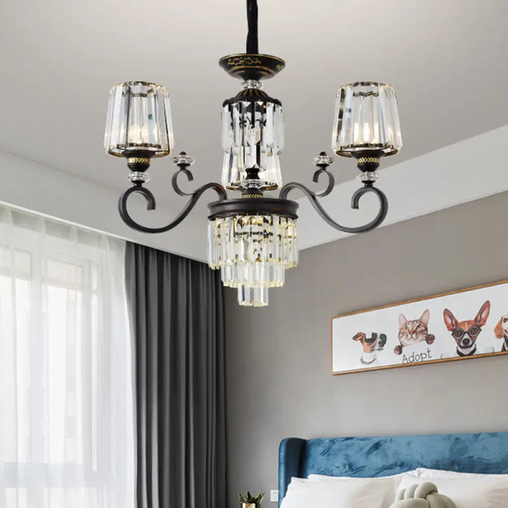 Minimalist 3-Tier Black Crystal Chandelier - 3/6 Lights With Conical Shade 3 /