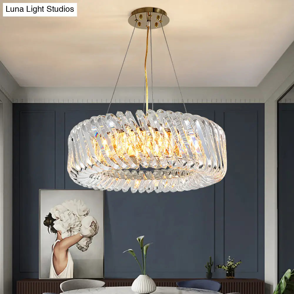 Minimalist 4/8/12-Light Gold Drum Pendant With Clear K9 Crystal Chandelier Fixture