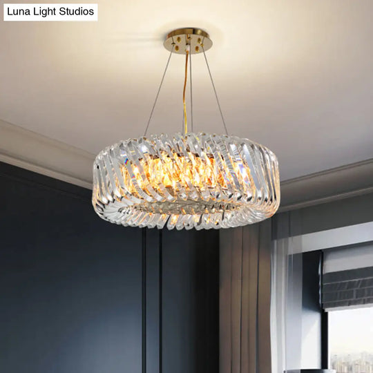 Minimalist 4/8/12-Light Gold Drum Pendant With Clear K9 Crystal Chandelier Fixture