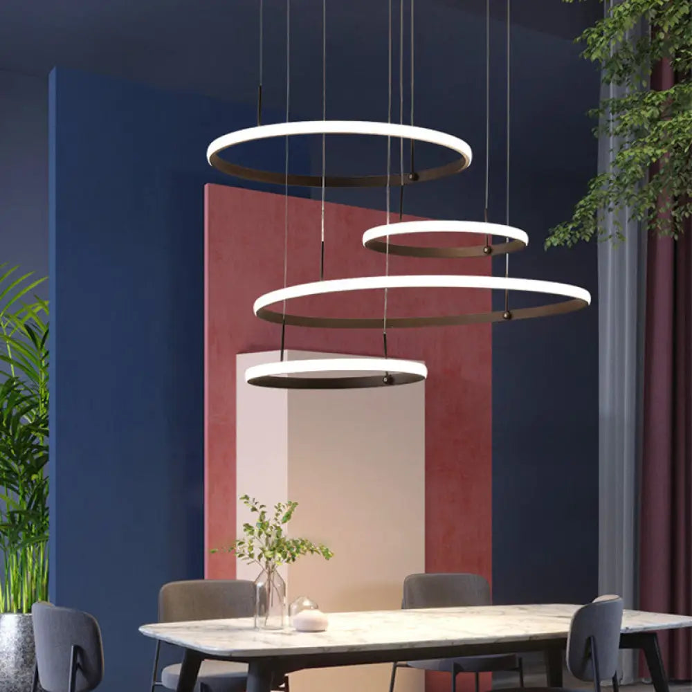 Minimalist 4-Head Led Chandelier Pendant Lamp With Outer Glow Black/Coffee Circle Acrylic Shade