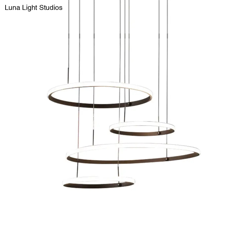 Minimalist 4-Head Led Chandelier Pendant Lamp With Outer Glow Black/Coffee Circle Acrylic Shade