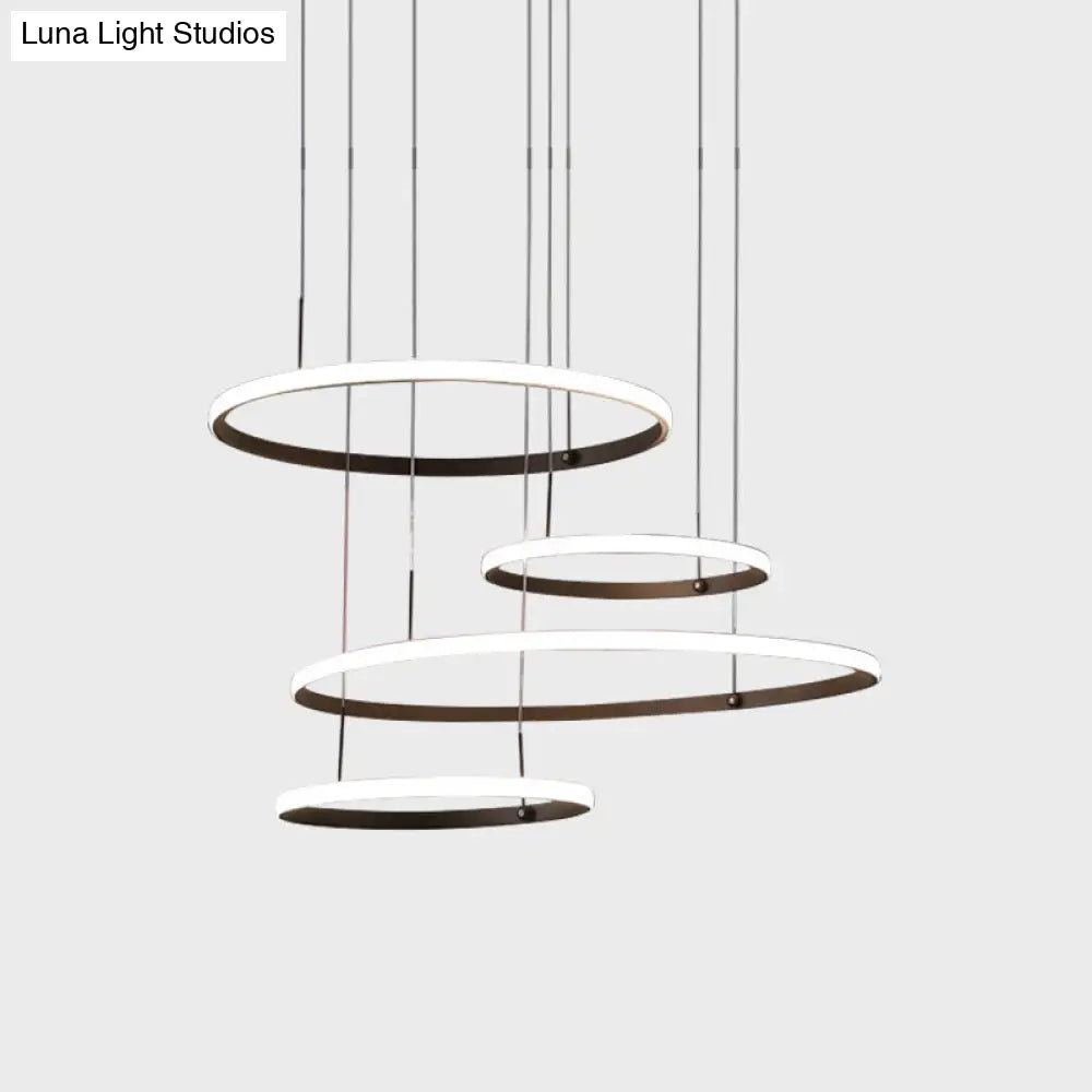 Minimalist 4-Head Led Chandelier Pendant Lamp With Outer Glow Black/Coffee Circle Acrylic Shade