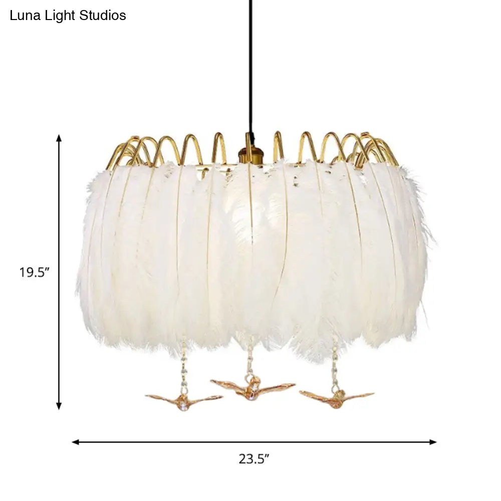 Minimalist 4-Head White Feather Metal Chandelier Light Fixture For Bedroom