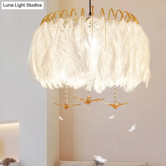 Minimalist Feather Metal Chandelier Light Fixture - 4-Head Bedroom Suspension Lamp In White