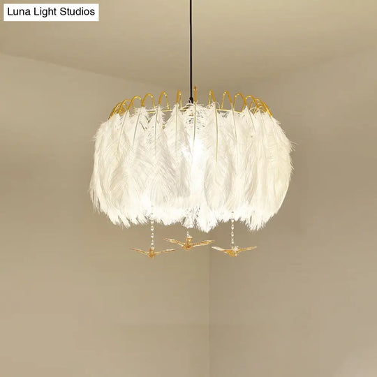 Minimalist Feather Metal Chandelier Light Fixture - 4-Head Bedroom Suspension Lamp In White