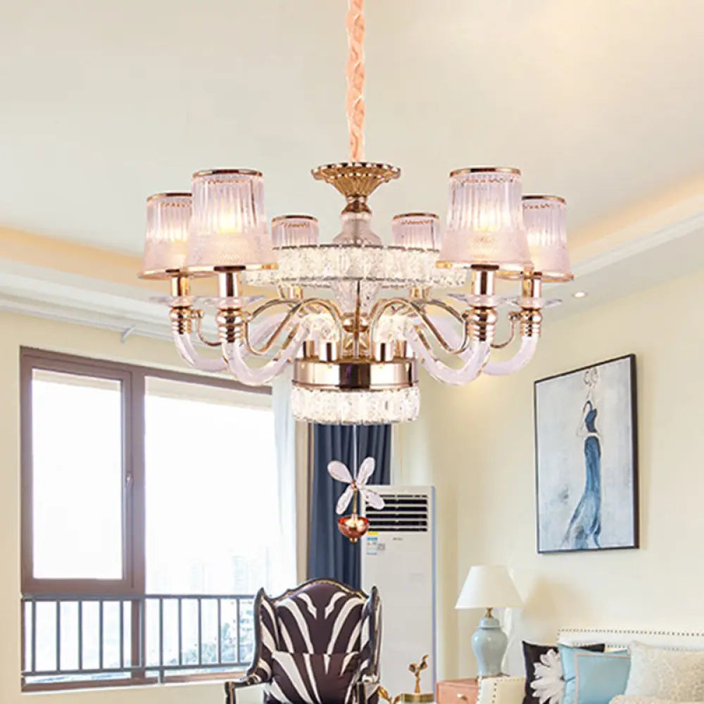 Minimalist 6-Head Gold Chandelier Lamp | Empire Shape Ridge Glass Hanging Light Fixture