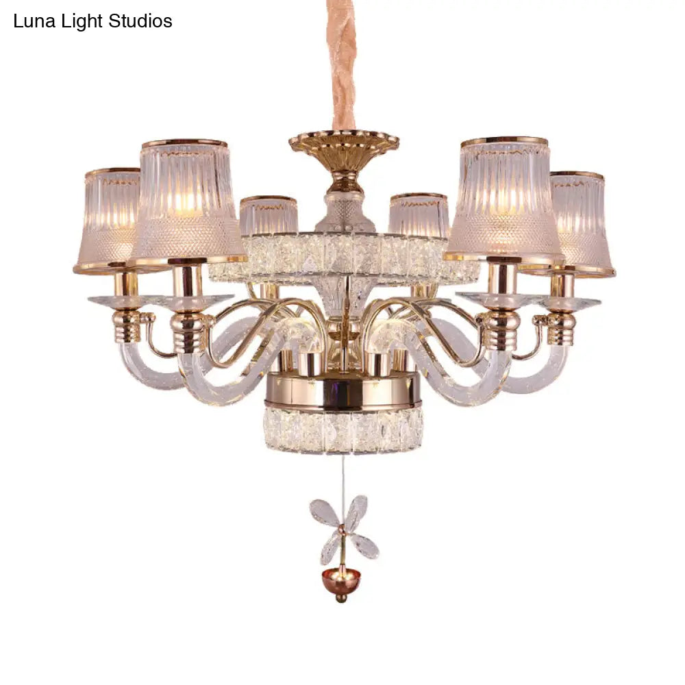 Minimalist 6-Head Gold Chandelier Lamp | Empire Shape Ridge Glass Hanging Light Fixture