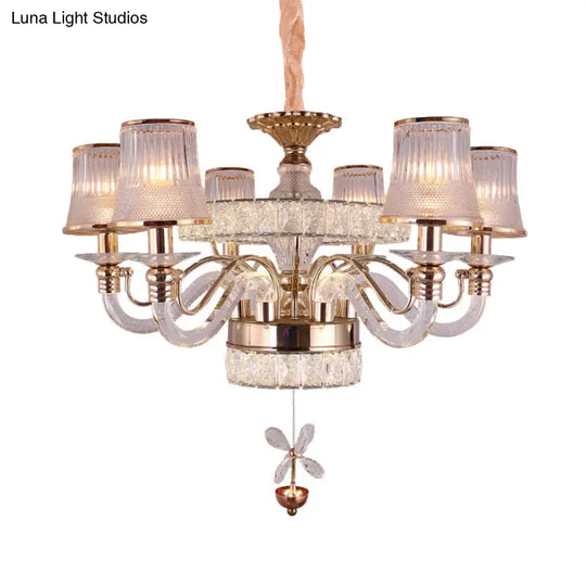 Minimalist 6-Head Gold Chandelier Lamp | Empire Shape Ridge Glass Hanging Light Fixture