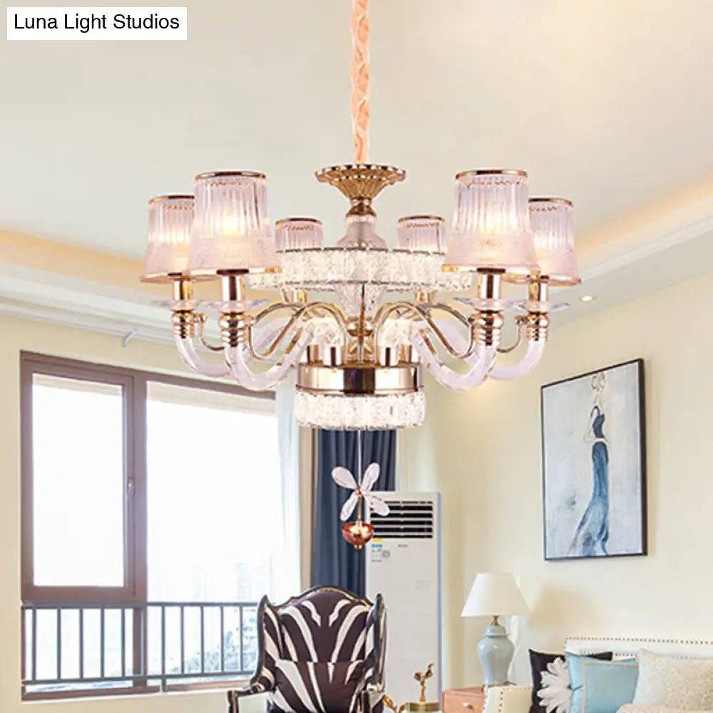 Minimalist Gold Chandelier With 6 Glass Heads And Ridge Shape Design