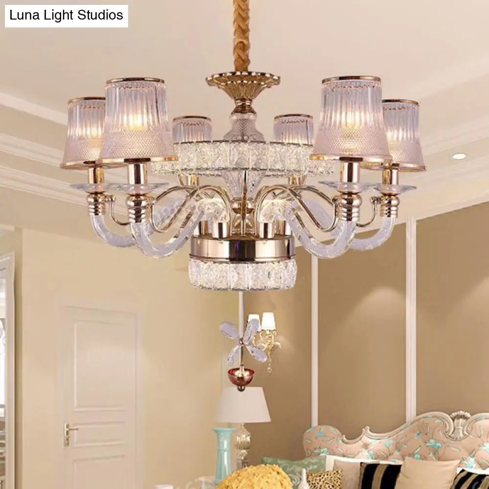 Minimalist 6-Head Gold Chandelier Lamp | Empire Shape Ridge Glass Hanging Light Fixture