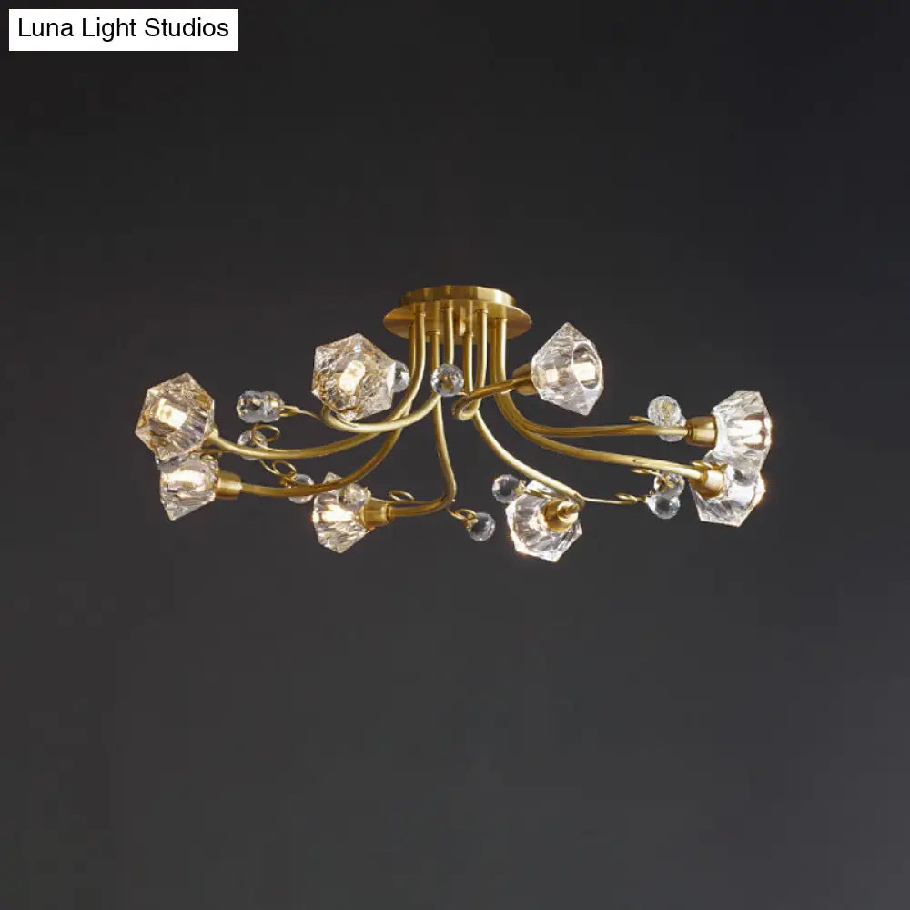 Minimalist 8-Head Gold Crystal Flush Mount Ceiling Lighting