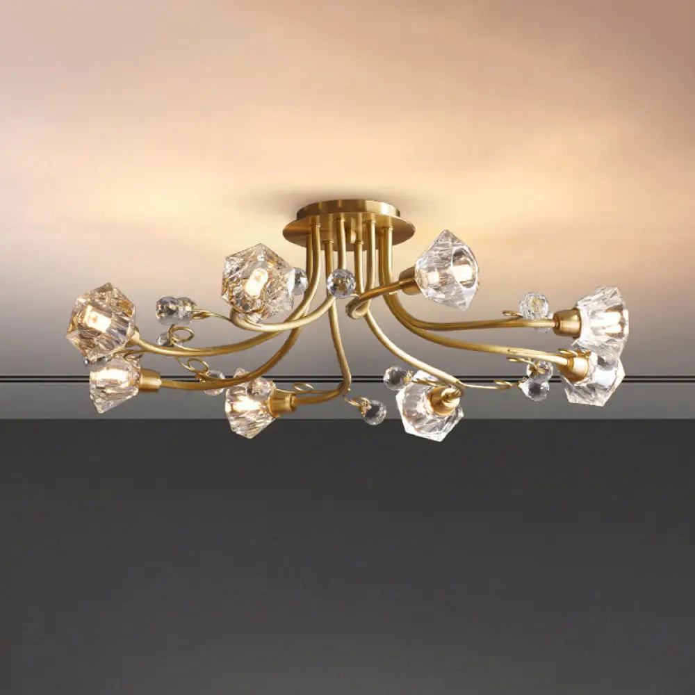 Minimalist 8-Head Gold Crystal Flush Mount Ceiling Lighting