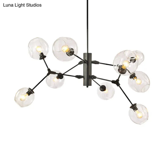 Minimalist 9-Bulb Black Sphere Chandelier With Clear Dimpled Glass Branch Pendant Light