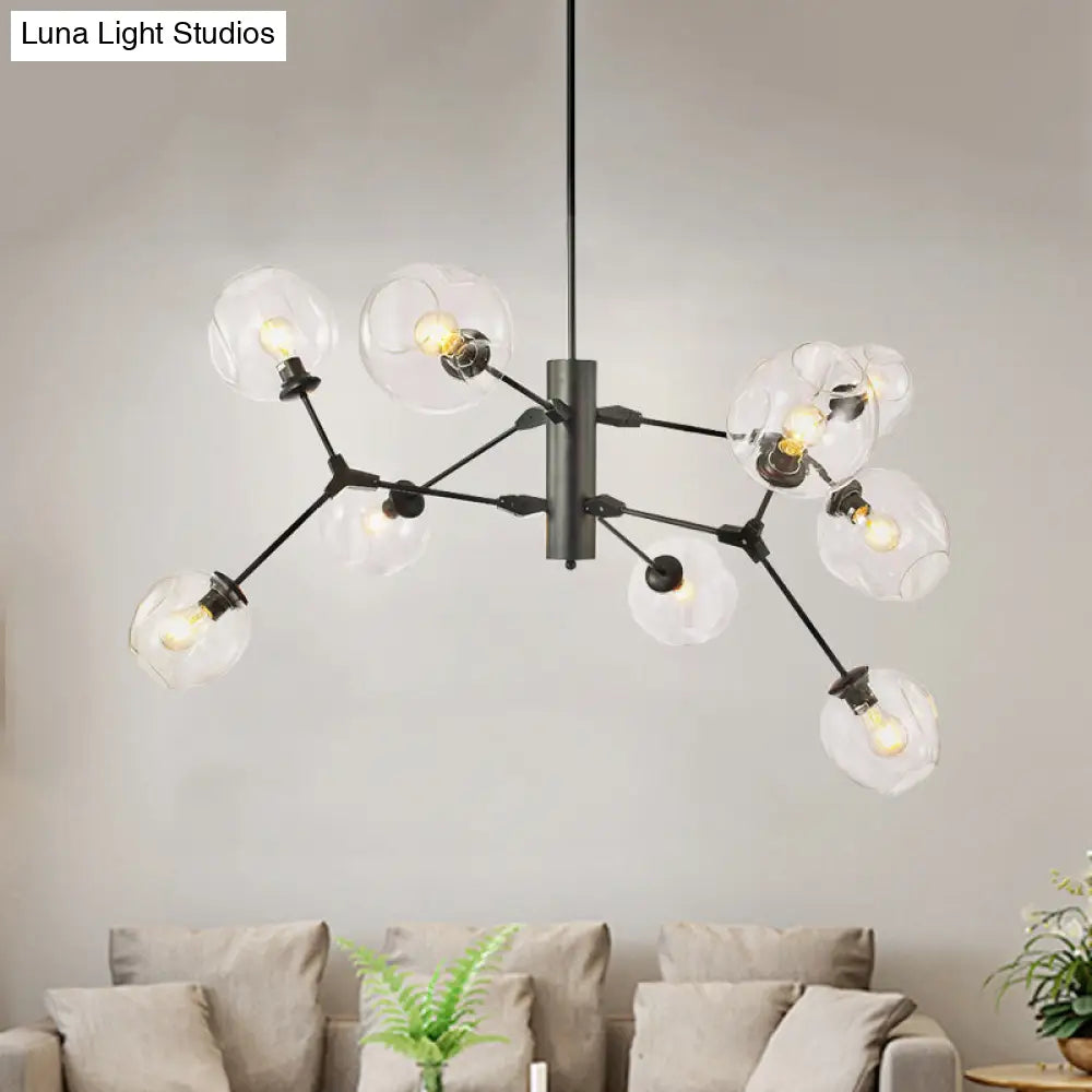 Minimalist 9-Bulb Black Sphere Chandelier With Clear Dimpled Glass Branch Pendant Light