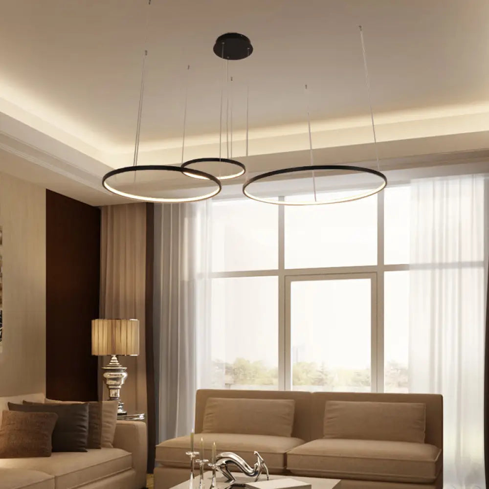 Minimalist Acrylic Chandelier Light - Black Circular Pendant Fixture (1/2/3 Lights) In White/Warm 3