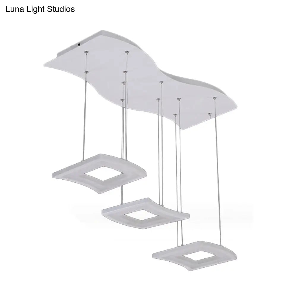 Minimalist Acrylic Curve Pendant Light 3-Light White Led Square Ceiling Hanging Lamp In Warm/White