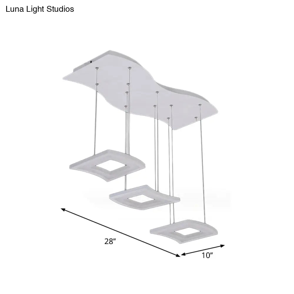 Minimalist Acrylic Curve Pendant Light 3-Light White Led Square Ceiling Hanging Lamp In Warm/White