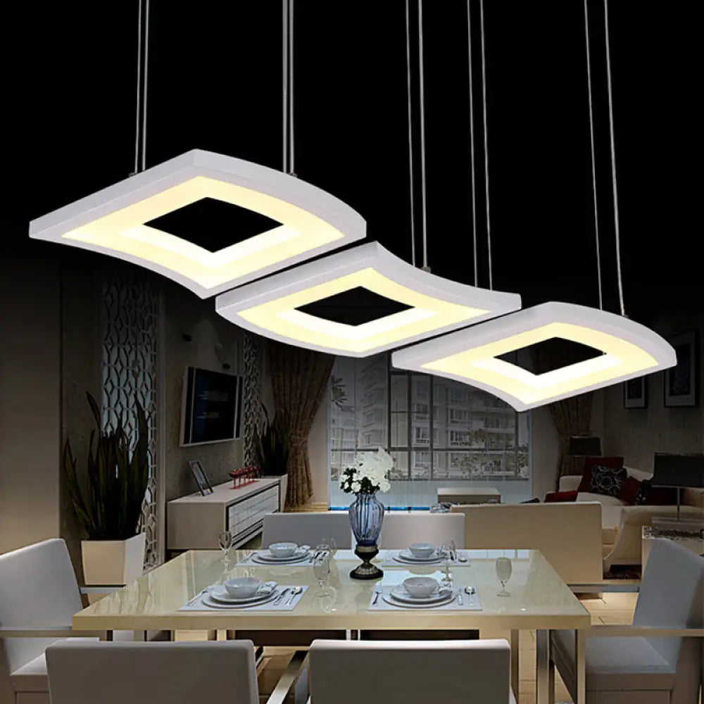 Minimalist Acrylic Curve Pendant Lighting: 3-Light Led Square Ceiling Lamp In Warm/White Light