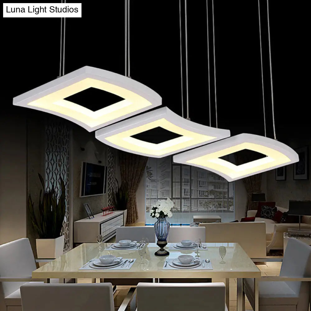 Minimalist Acrylic Curve Pendant Light 3-Light White Led Square Ceiling Hanging Lamp In Warm/White