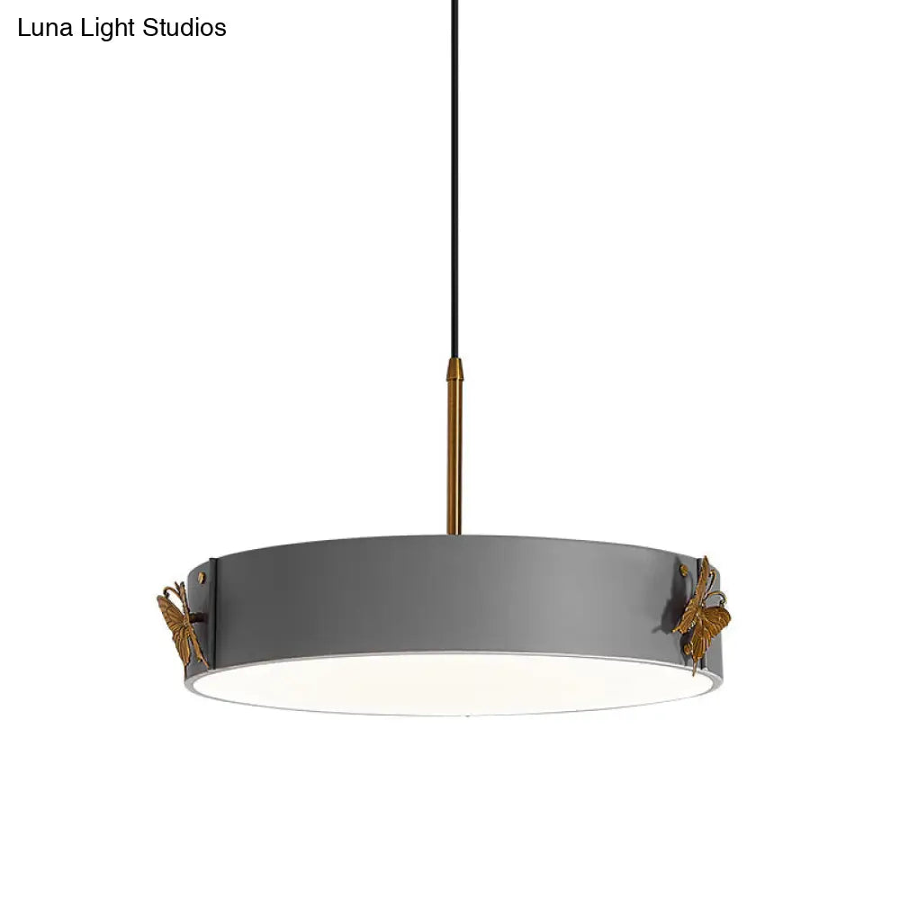 Minimalist Grey Acrylic Led Drum Pendant Lamp With Butterfly Design