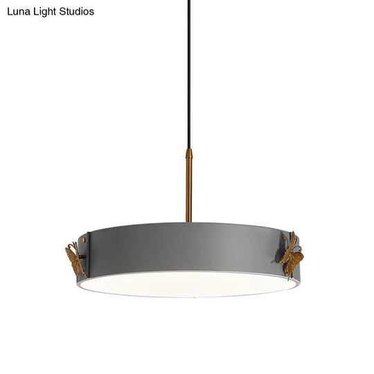 Minimalist Grey Acrylic Led Drum Pendant Lamp With Butterfly Design