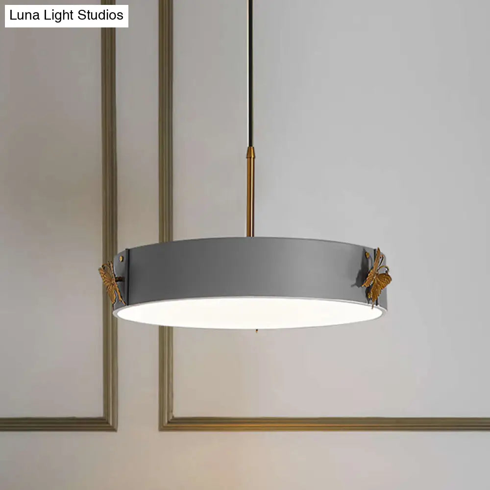 Minimalist Acrylic Led Drum Pendant Lamp With Grey Finish - Stylish Hanging Light Fixture Butterfly